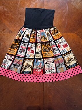 Black Waist Motorcycle Poster Print Circle Skirt with Pink Polka Trim